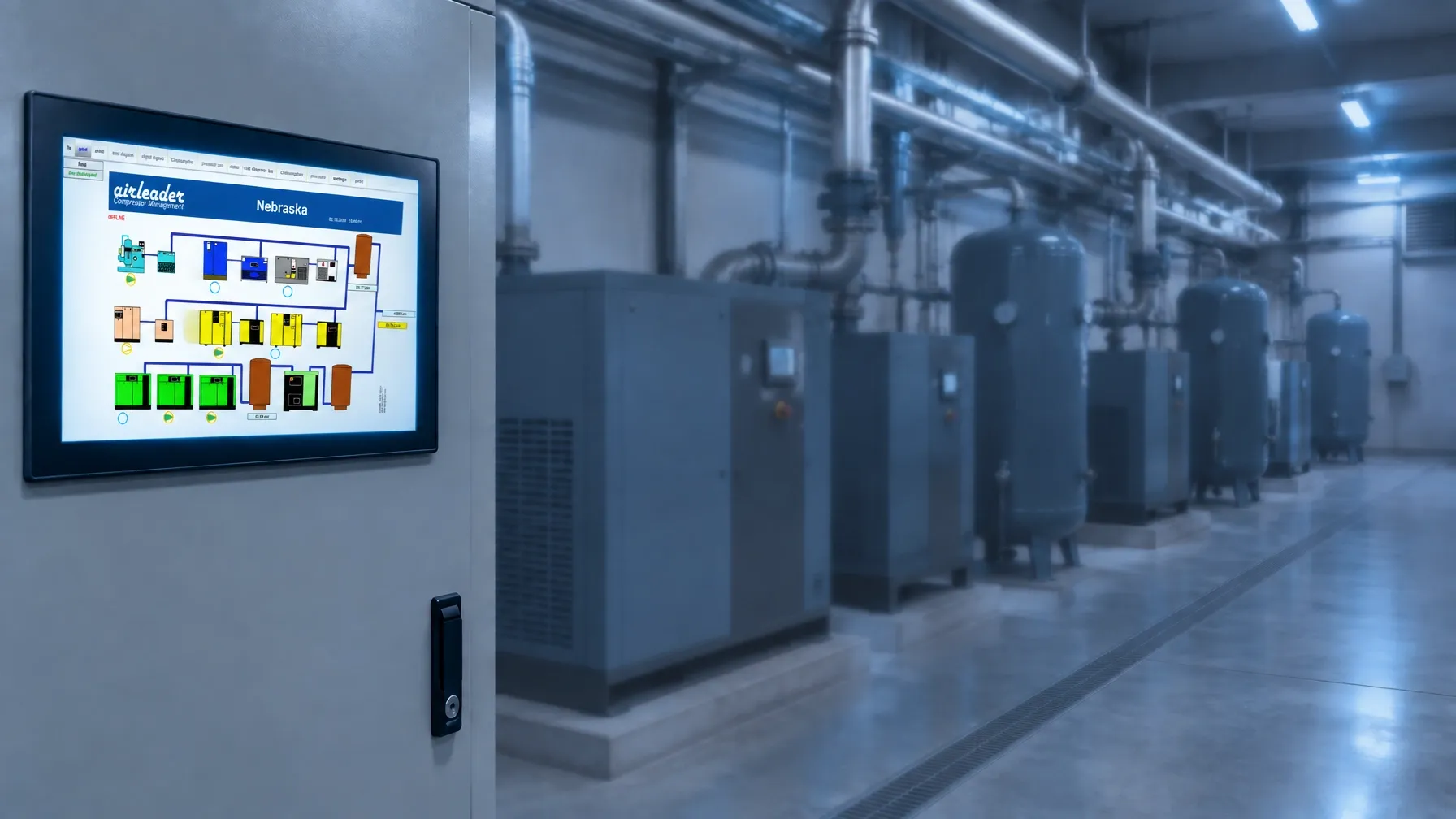 Plant room control cabinet running the Airleader compressed air monitoring dashboard, with the compressors behind it out of focus.